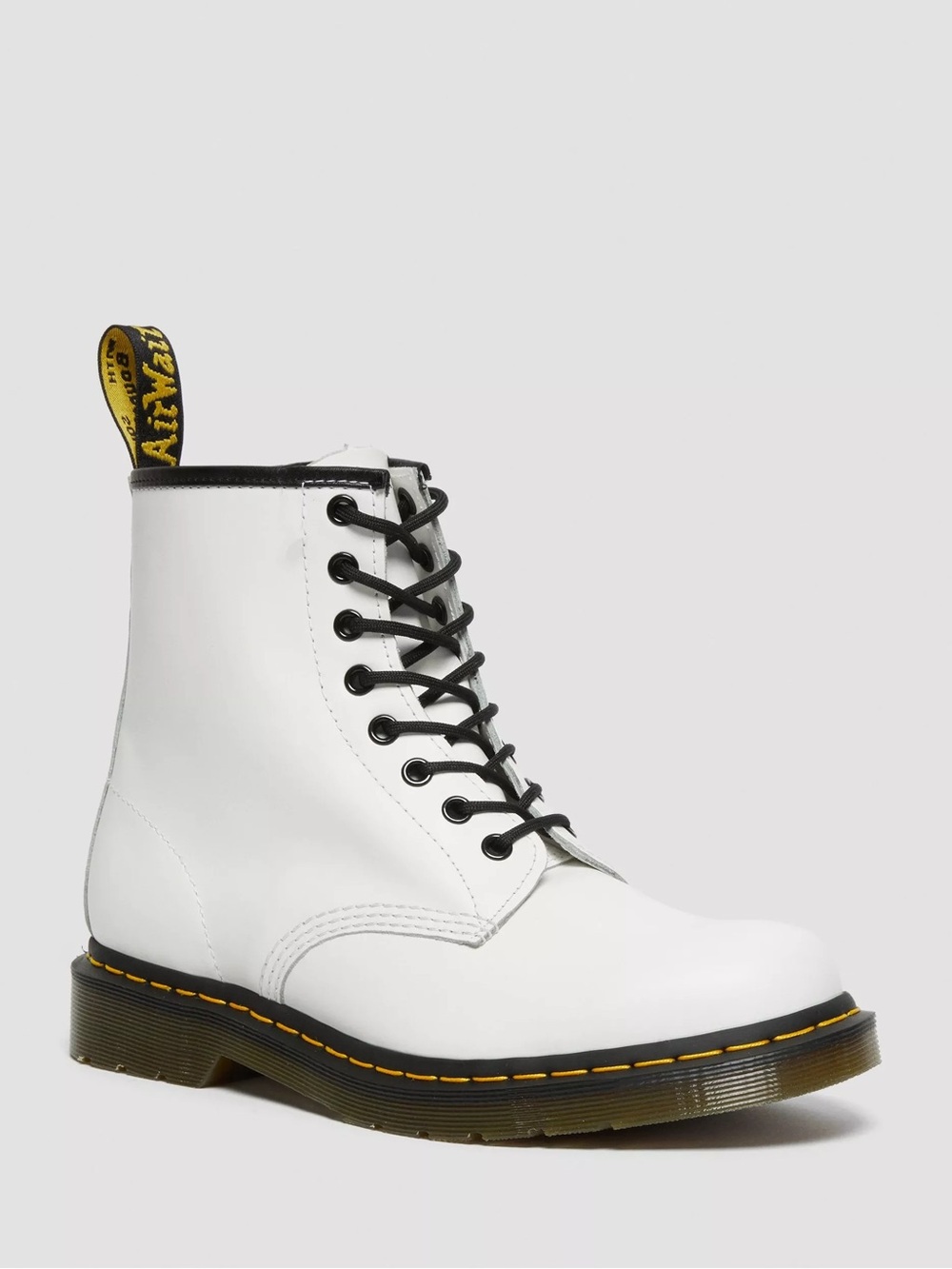 Dr. Martens White Leather 8-Eye Lace-Up Boot with Yellow Stitching